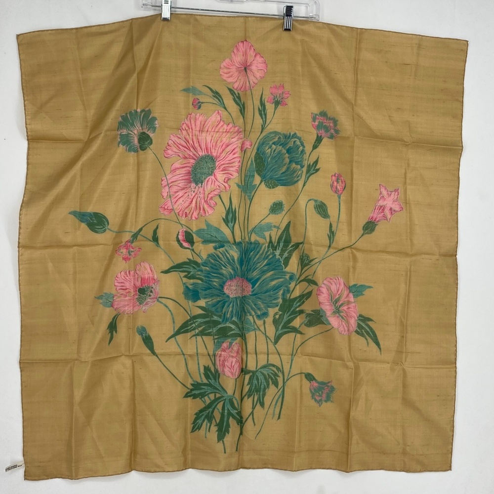 Women's 100% Raw Silk Scarf Beige Pink Blue Floral Print Handmade in Thailand - Picture 5 of 12